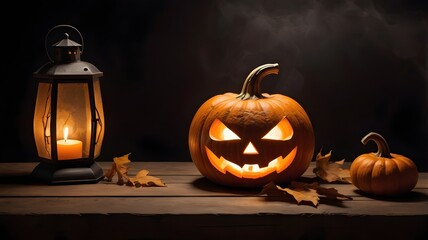 Halloween pumpkin carved with an evil grin sits on wooden planks, creating a dark and eerie background with room for copy space