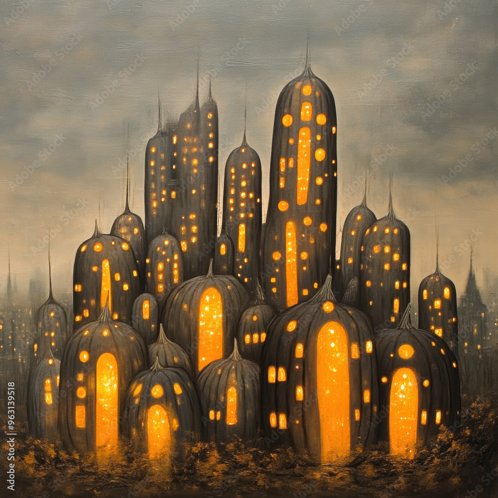 Wall mural pumpkin cityscape.