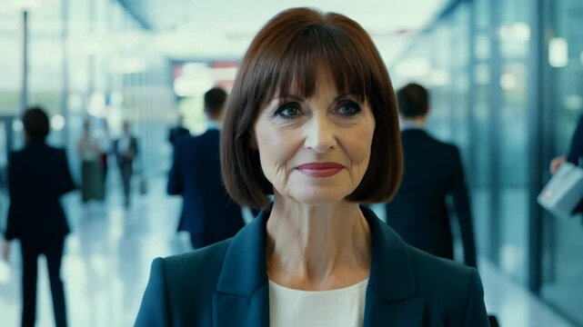 The camera slowly zooms in as a middle-aged Caucasian woman with short brown hair, around 40 years old, walks confidently, facing the camera, through a busy office building lobby.