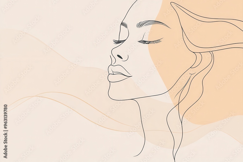 Poster A graceful depiction of a woman's profile showcases tranquility and elegance through smooth, flowing lines and soft colors. Generative AI