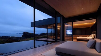 Modern Luxury Bedroom with Ocean View at Dusk