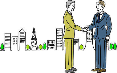 握手するビジネスマンと街並みシンプル線画