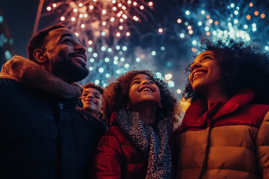 Happy family is watching fireworks exploding in the sky on new year's eve