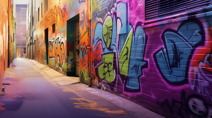 Fototapeta premium Colorful Graffiti in Urban Alley with Neon Hues and Bold Lettering