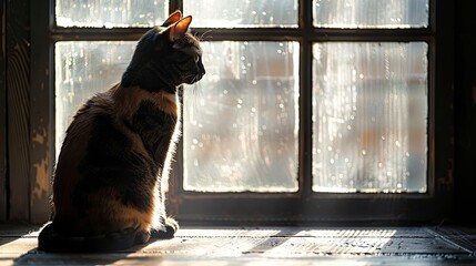 The shadow of a cat sitting by a window, with the sunlight creating a soft, elongated shadow of the cat&acirc;&euro;&trade;s profile on the floor