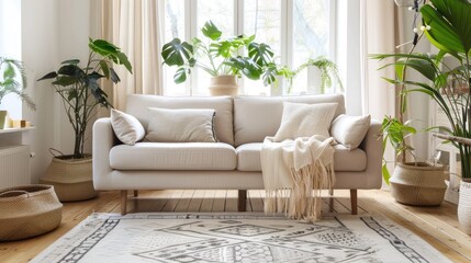 Living room with plants, beige couch, and rug, real photo.