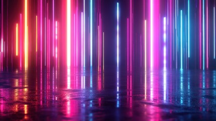 Neon Lights Reflecting on Wet Floor