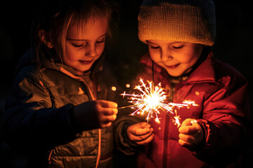 Two children are carefully holding a sparkler as it burns brightly at night