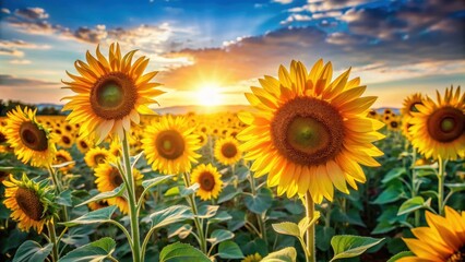 Obraz premium Vibrant sunflowers standing tall in a sunlit field, sunflowers, field, vibrant, yellow, nature, agriculture, summer, sunny