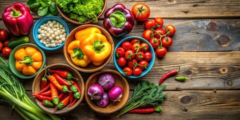 Assorted colorful bowls of fresh raw vegetables on a rustic wooden surface, raw, vegetables, assorted, bowls, colorful, fresh