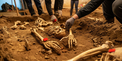 Archaeologists unearthing a skeleton in an archaeological settlement