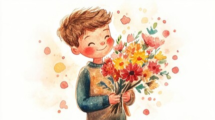 Joyful Child Holding a Colorful Bouquet: A Celebration of Nature's Beauty