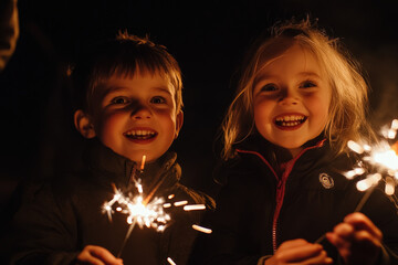 Two children are smiling and holding sparklers to celebrate bonfire night