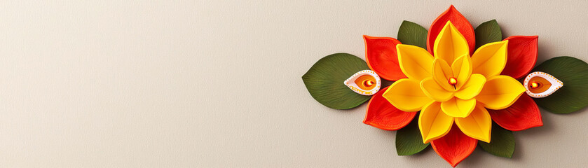 Obraz premium Diyas arranged in the shape of a lotus, symbolizing purity, peace, and spiritual harmony during Diwali festival