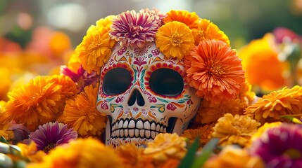 A skull surrounded by a vibrant bouquet of colorful flowers in bloom