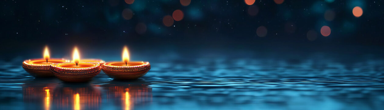 Diyas reflecting on water under a starry sky, symbolizing spiritual harmony and peace, serene Diwali night landscape