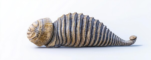 Ancient trilobite fossil, magnified view, detailed textures, monochromatic, scientific illustration style, fine line work