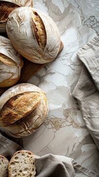 Freshly baked breadle background. Top view, copy space round loaves of bread laid out on the border of a vertical banner white marble table and linen towel