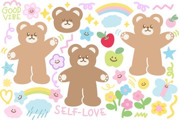 Fototapeta premium Teddy bear shape, butterfly, cherry, flowers, star, apple, rainbow for cartoon character, comic, mascot, greeting card, animals, zoo, souvenir shop, good vibe, cute patch, print, standee, toy, doll