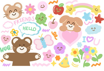 Teddy bear and friends including butterfly, puppy, apple, cherry, clover leaf, heart, flowers, star, rainbow for cartoon character, comic, mascot, animals, zoo, souvenir shop, happy emoji, cute patch