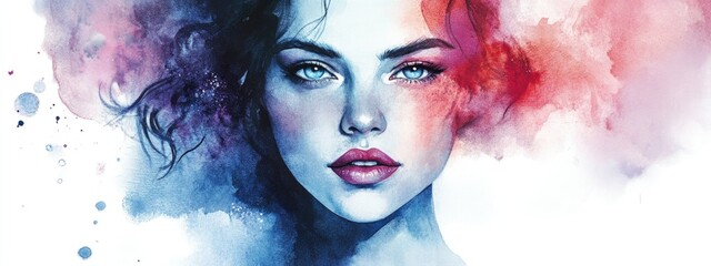 Fototapeta premium Captivating Watercolor Portrait of a Woman with Expressive Features and Vibrant Colors