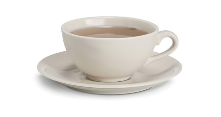 Obraz premium A close up of a white porcelain teacup with a saucer filled with a steaming cup of tea. The teacup is isolated on a white background.