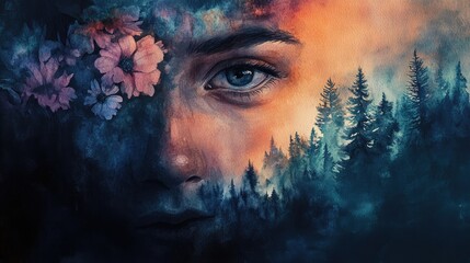 Fototapeta premium Exploring Emotional Depth Through Nature: A Surreal Portrait Blending Identity and Environment
