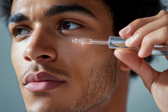 Young man is carefully applying serum to his face using a dropper, focusing on his skincare routine