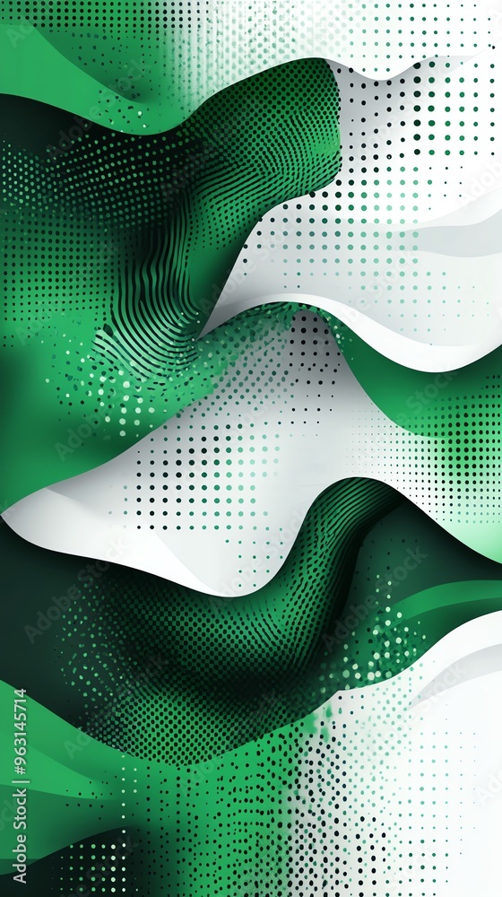 Poster Abstract green and white background with dots and waves.