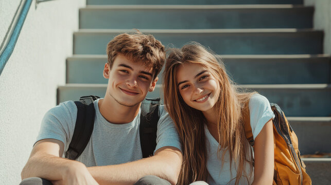 portrait of smiling teenagers in white t-shirts and backpack sitting on stairs and looking at camera outdoors back to school concept copy space