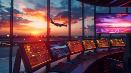 Air Traffic Control Tower Monitoring Multiple Airplane Movements on Large Screens for Safe Navigation