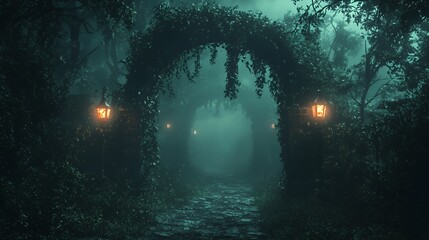 A mysterious, foggy forest path with a stone archway overgrown with vines and lanterns illuminating the way.