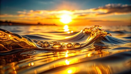 Golden liquid flowing on water surface with light reflections, sunset on beach abstract background , golden, liquid