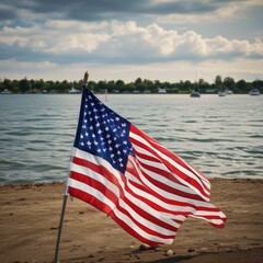 United States Flag by the Water in Remembrance of Pearl Harbor Attack