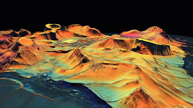 Technical aerial visual, 3D LiDAR GIS aerial map satellite scan model isolated, showing Mrn, Mongolia . Elevation, topography, render