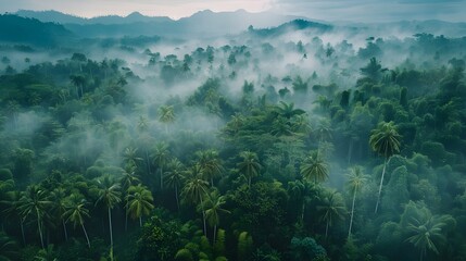 Fototapeta premium Breathtaking Aerial View of Lush Tropical Rainforest Canopy in Misty Atmosphere Highlighting Untouched Nature s Charm