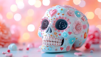 Naklejka premium Candy Skull with Sweet Details A whimsical skull designed like sugar candy, with pastel decorations and small hearts and stars, giving a playful and cheerful vibe.