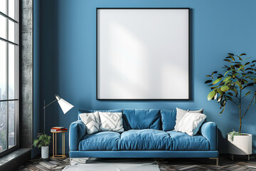 Blank poster in blue living room background, generative ai image,