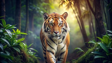 Obraz premium Majestic tiger roaming through dense forest, wildlife, predator, jungle, feline, nature