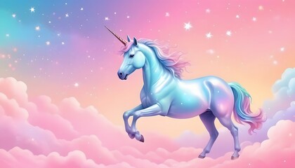 Obraz premium Rainbow unicorn pastel background with glitter stars. Pink cloudy fantasy sky. Cute holographic space. Fairy iridescent gradient backdrop Backgrounds