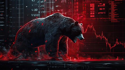 A powerful bear symbolizes market decline, set against a backdrop of fluctuating financial graphs and bold red colors.