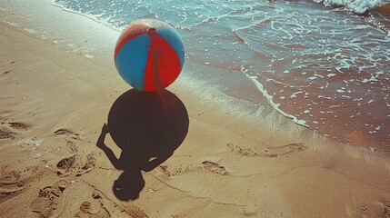 Obraz premium The shadow of a person holding a beach ball on the sand, with the shadow adding a playful and dynamic element to the sunny beach scene