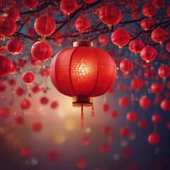 Vibrant Red Chinese Lantern Adorning Festive Set Against Colorful High Contrast Background