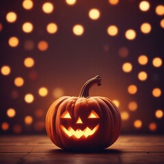 Festive Halloween Scene with Glowing Pumpkin on Bokeh Background