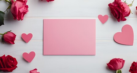 Pink paper card mockup with red roses and heart shapes on white wood.