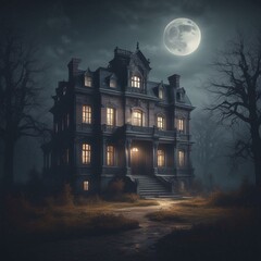 Moonlit Haunting Mansion in Eerie Mist