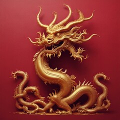 Majestic Golden Chinese Dragon on Vibrant Red Background