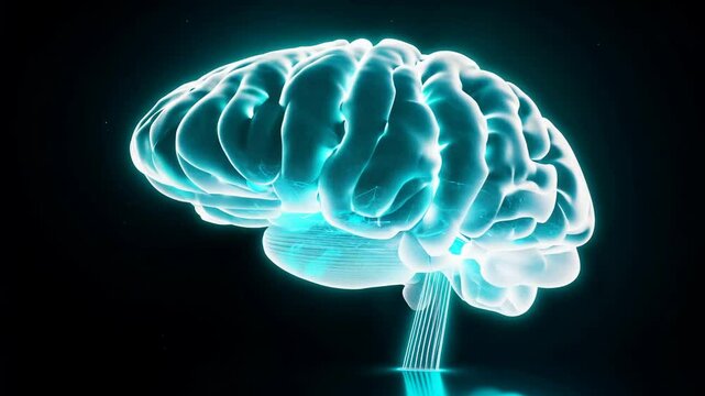 Spinning holographic wireframe brain with neural connections, light blue colour, additional detailed black background