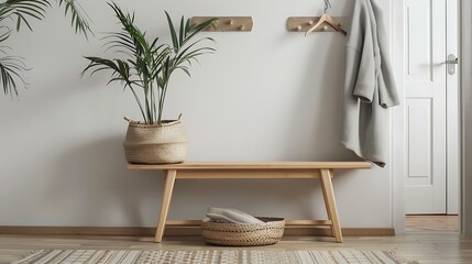 Cozy and inviting minimalist entryway showcasing a light wooden bench paired with a woven basket underneath a sleek coat rack holding a gray coat and a potted plant enhancing the modern design