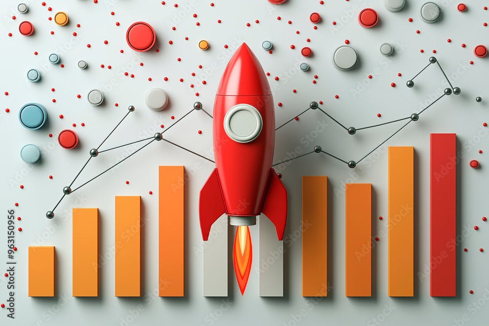 Poster Creative concept of a startup rocket launch with bar graphs and data points on a digital background.